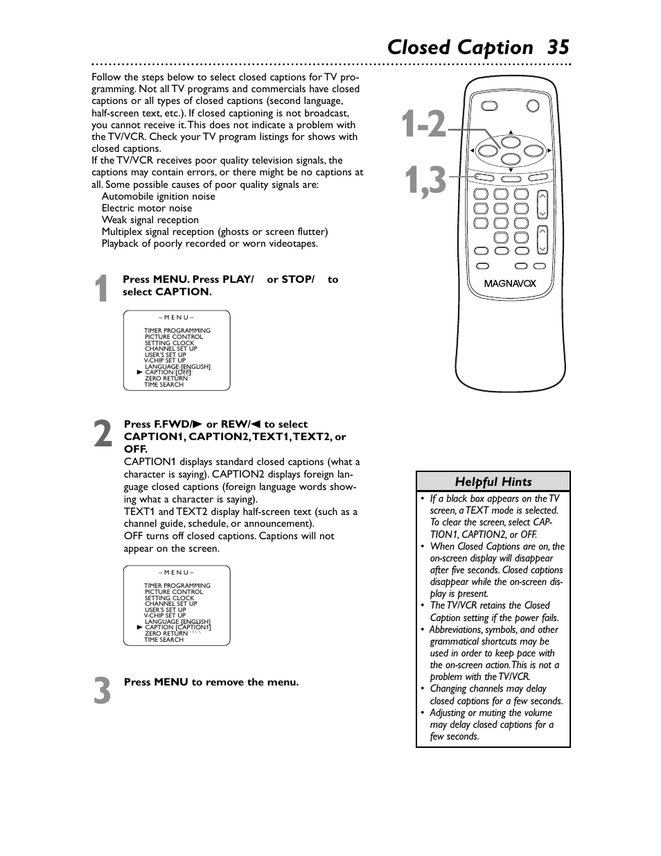 Closed caption 35, Helpful hints | Philips Magnavox MC132EMG/17 User Manual | Page 35 / 44