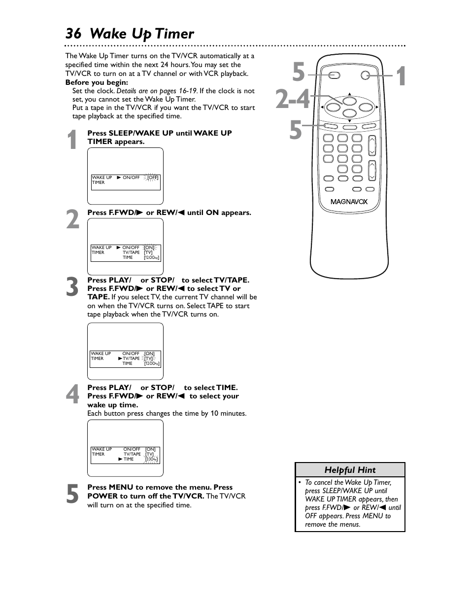 36 wake up timer, Helpful hint | Philips Magnavox MC132EMG/17 User Manual | Page 36 / 44