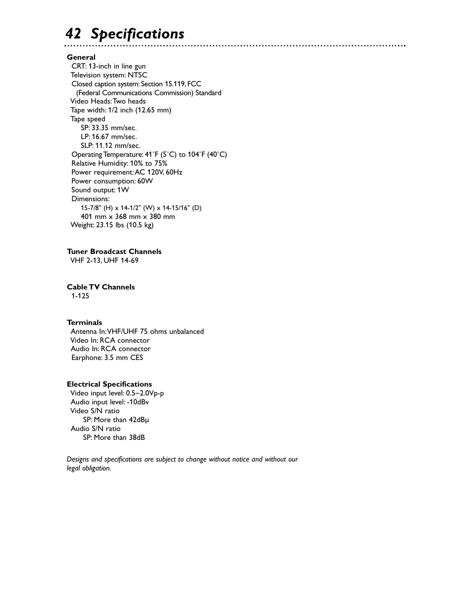 42 specifications | Philips Magnavox MC132EMG/17 User Manual | Page 42 / 44