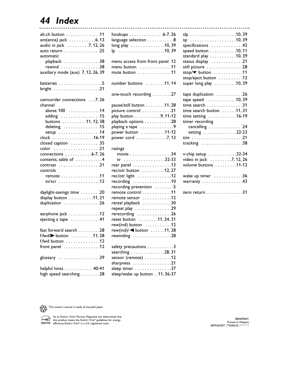 44 index | Philips Magnavox MC132EMG/17 User Manual | Page 44 / 44