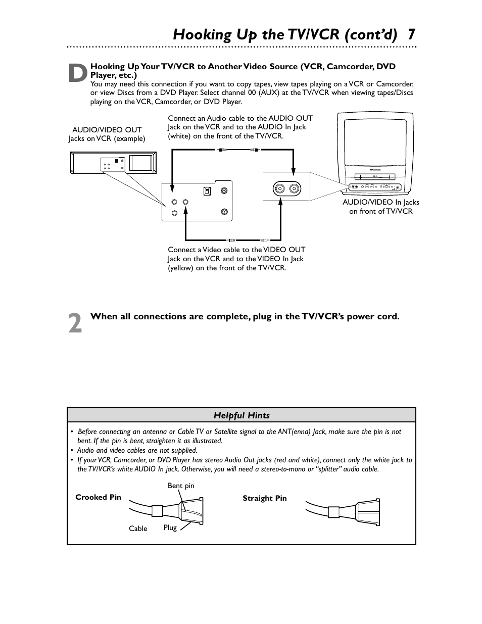 Hooking up the tv/vcr (cont’d) 7, Helpful hints | Philips Magnavox MC132EMG/17 User Manual | Page 7 / 44