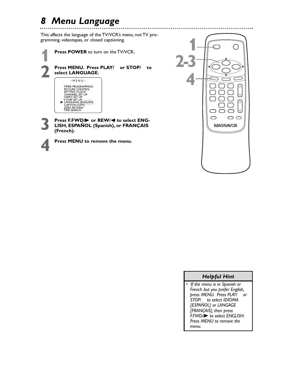 8 menu language | Philips Magnavox MC132EMG/17 User Manual | Page 8 / 44