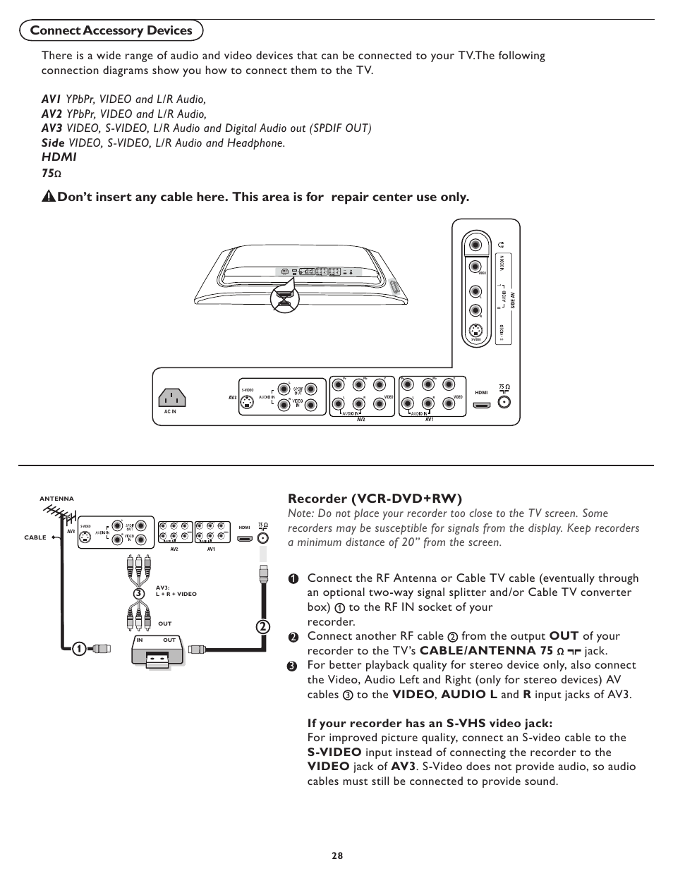Connect accessory devices recorder (vcr-dvd+rw) | Philips Magnavox 26MF/32MF231D User Manual | Page 28 / 38