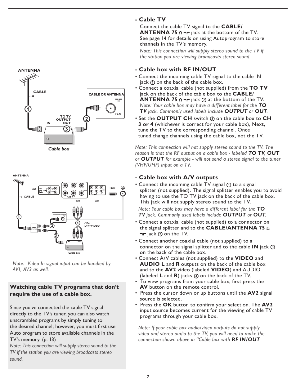Cable tv, Cable box with rf in/out, Cable box with a/v outputs | Philips Magnavox 26MF/32MF231D User Manual | Page 7 / 38