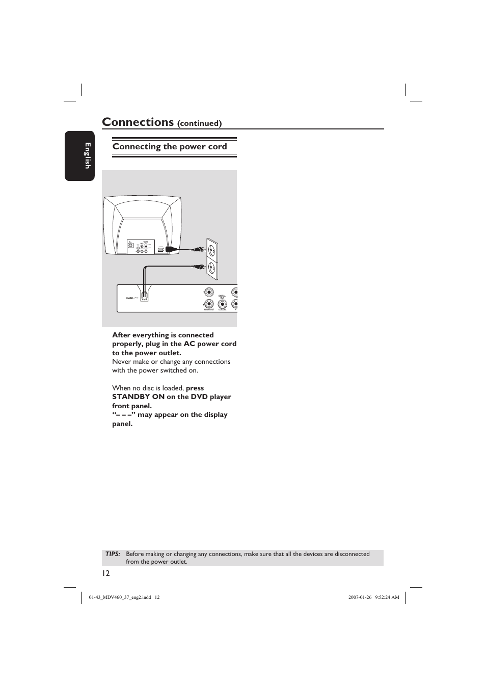 Connections, Connecting the power cord, Continued) | Philips Magnavox MDV460 User Manual | Page 12 / 43