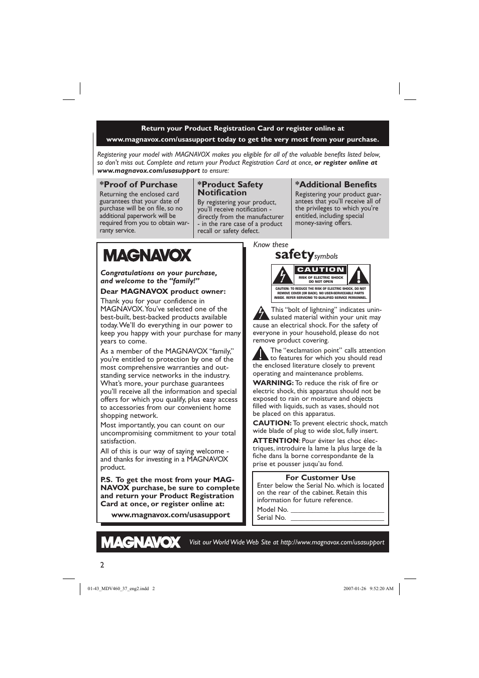 Safety, Proof of purchase, Product safety notification | Additional benefits | Philips Magnavox MDV460 User Manual | Page 2 / 43