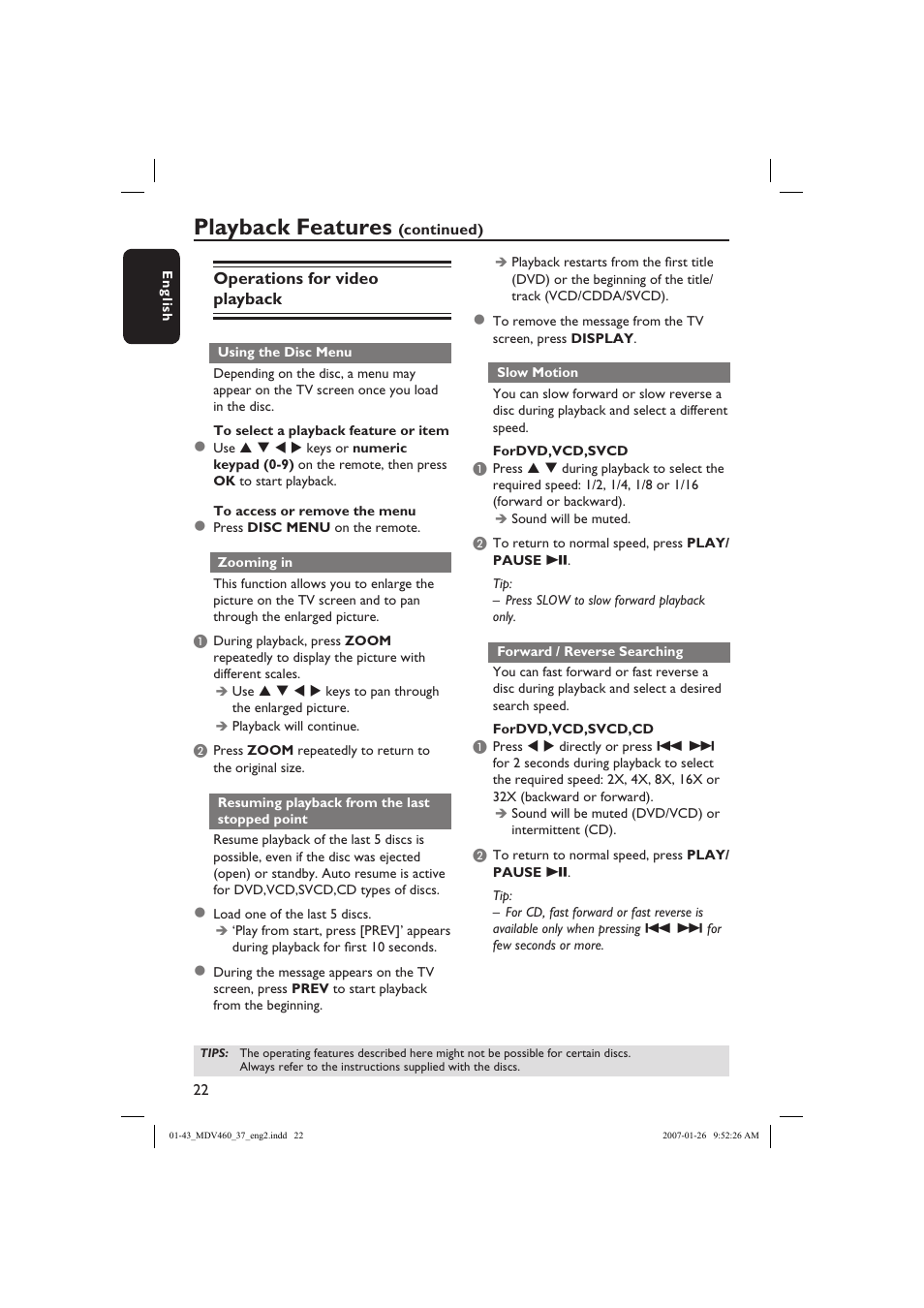 Playback features | Philips Magnavox MDV460 User Manual | Page 22 / 43