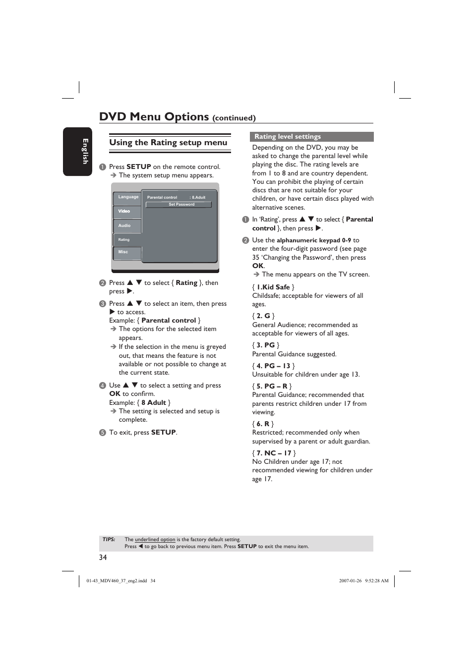 Dvd menu options, Using the rating setup menu, Continued) | Philips Magnavox MDV460 User Manual | Page 34 / 43