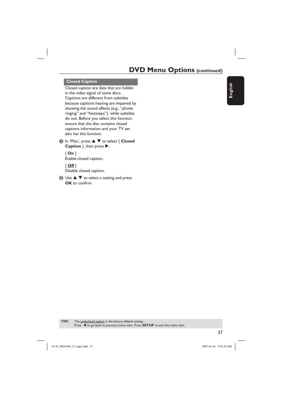 Dvd menu options | Philips Magnavox MDV460 User Manual | Page 37 / 43