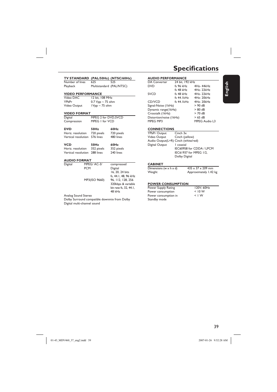 Specifi cations | Philips Magnavox MDV460 User Manual | Page 39 / 43