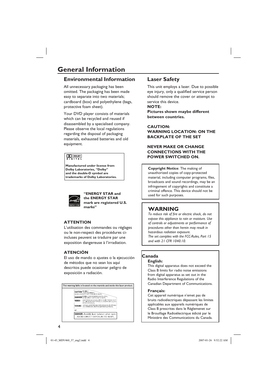 General information, Warning, Environmental information | Laser safety | Philips Magnavox MDV460 User Manual | Page 4 / 43