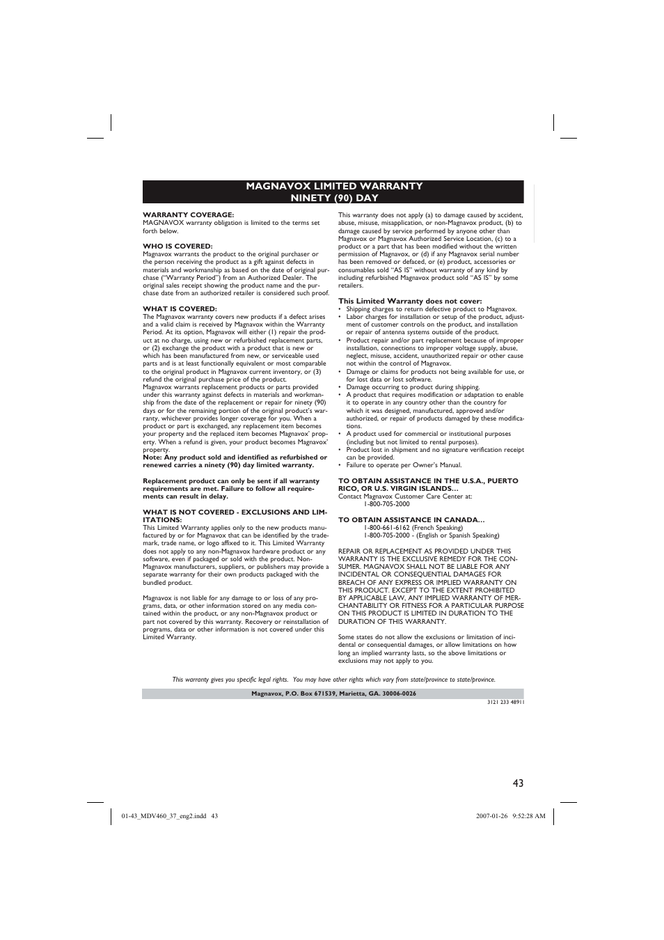 English, Magnavox limited warranty ninety (90) day | Philips Magnavox MDV460 User Manual | Page 43 / 43