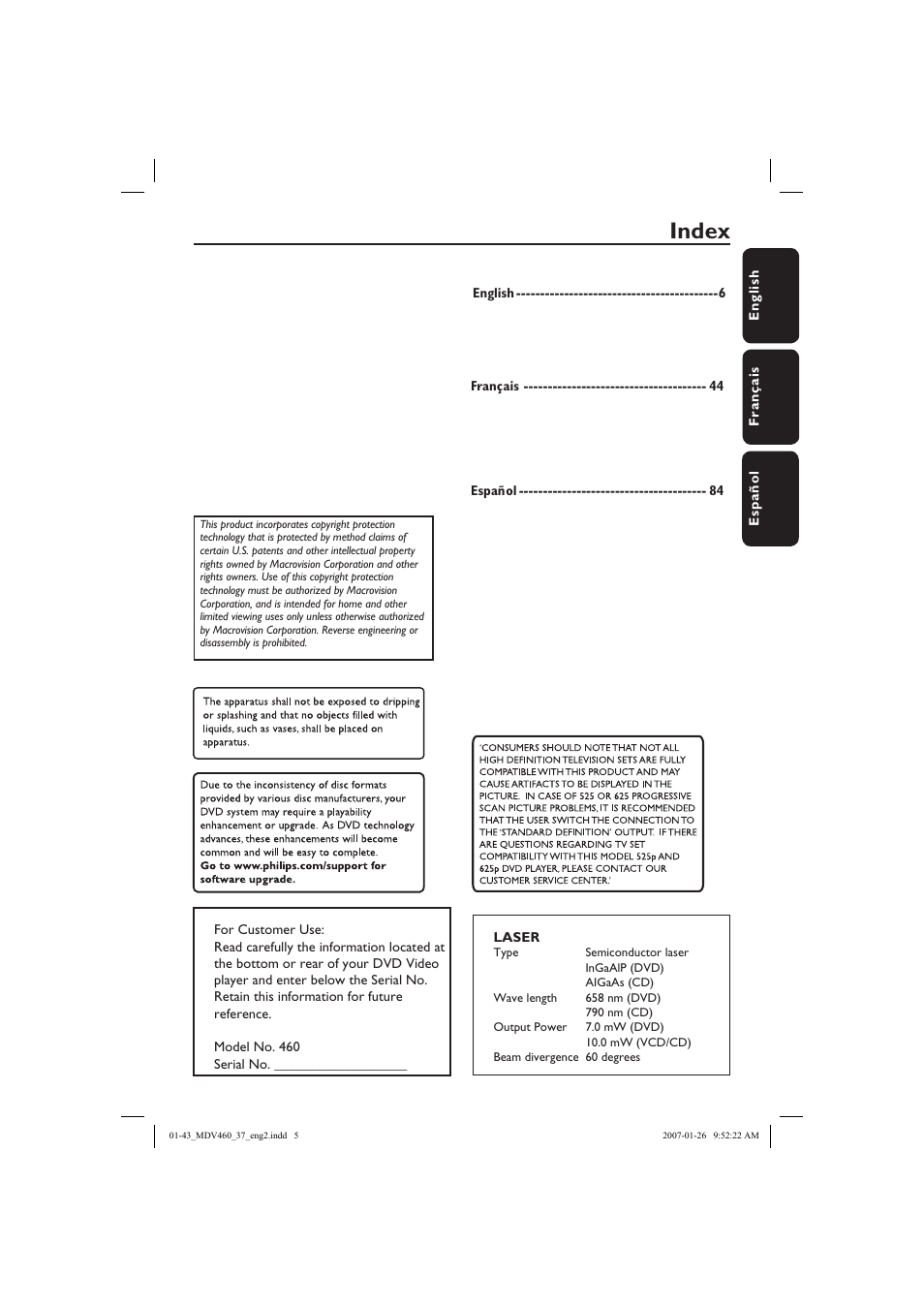 Index | Philips Magnavox MDV460 User Manual | Page 5 / 43