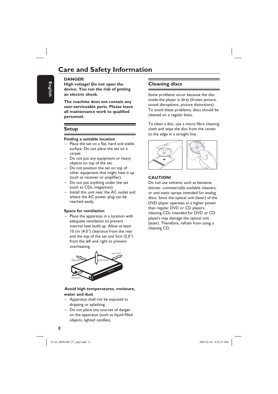 Care and safety information, Setup, Cleaning discs | Philips Magnavox MDV460 User Manual | Page 8 / 43