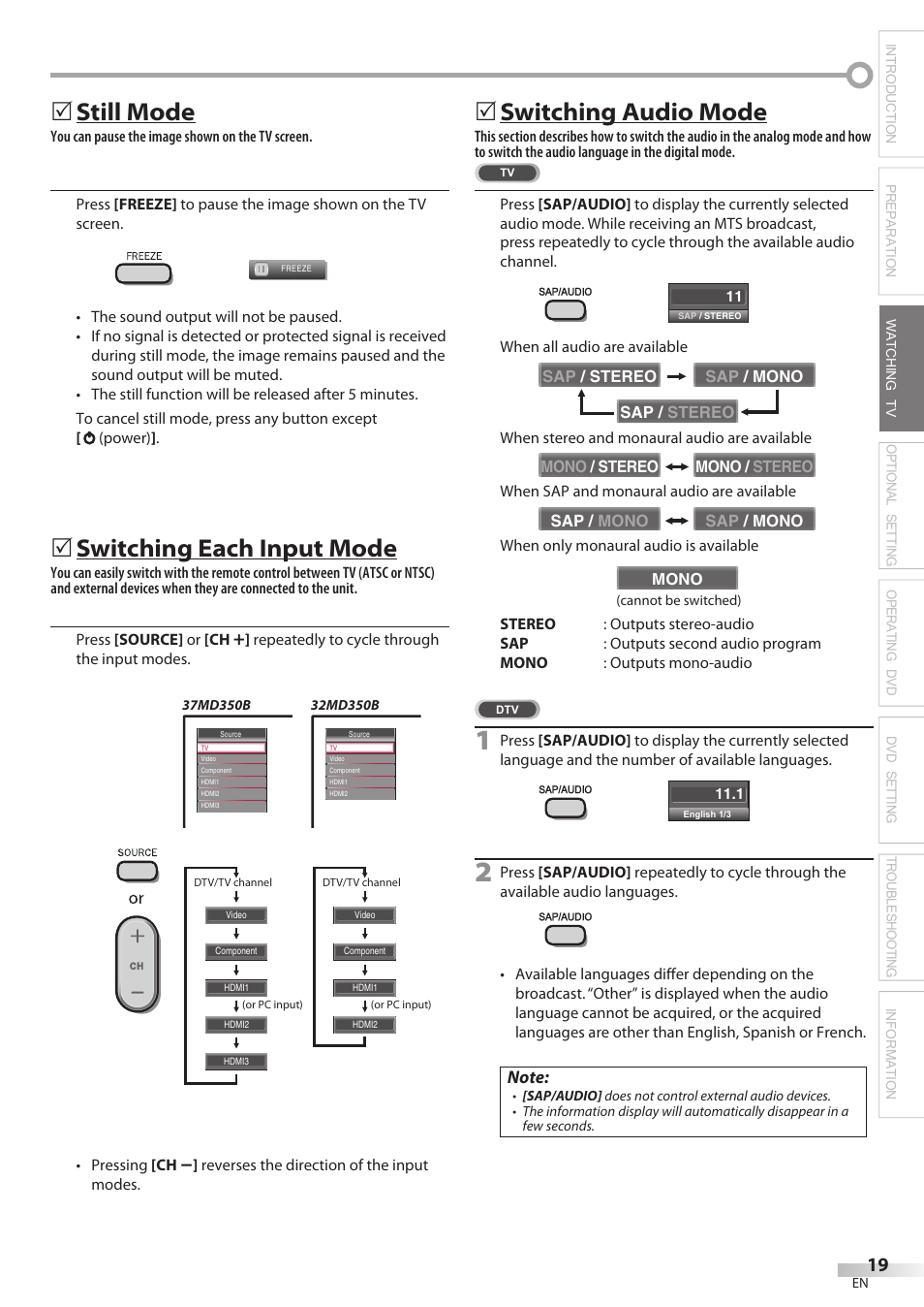 Still mode, Switching each input mode, Switching audio mode | 5still5mode, 5switching5each5input5mode, 5switching5audio5mode | Philips Magnavox 32MD350B User Manual | Page 19 / 57