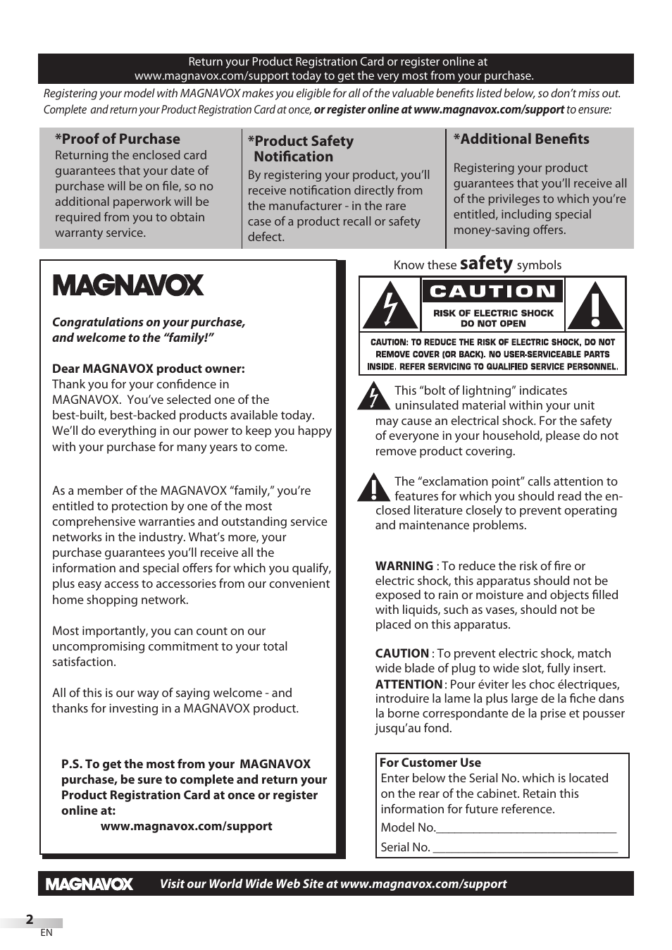 Safety | Philips Magnavox 32MD350B User Manual | Page 2 / 57