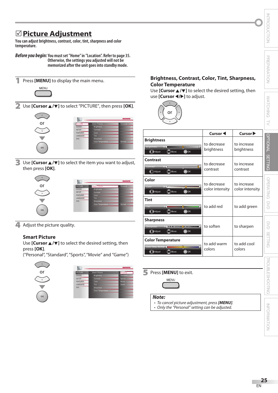 Picture adjustment, 5picture5adjustment, Before you begin | Smart picture | Philips Magnavox 32MD350B User Manual | Page 25 / 57