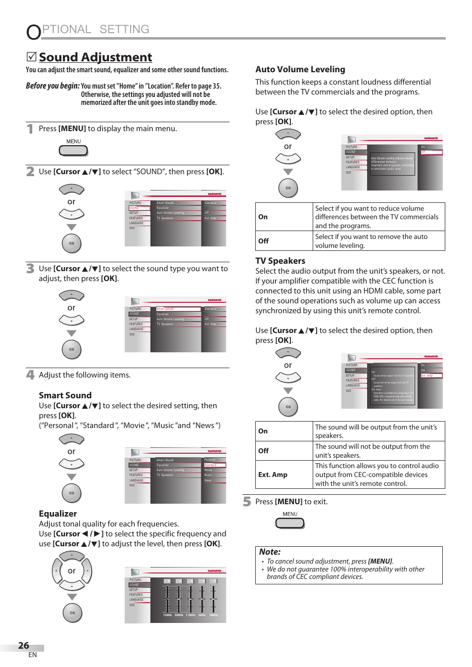 Sound adjustment, Ptional setting, 5sound5adjustment | Before you begin, Smart sound, Equalizer, Auto volume leveling, Tv speakers | Philips Magnavox 32MD350B User Manual | Page 26 / 57