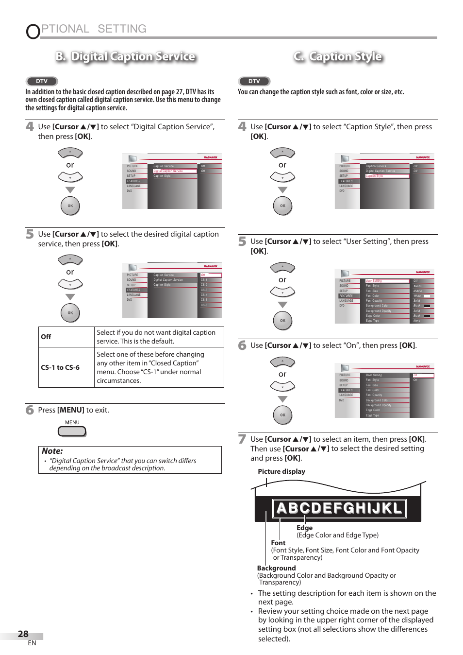 Ptional setting, Abcdefghijkl, B. digital caption service | C. caption style | Philips Magnavox 32MD350B User Manual | Page 28 / 57