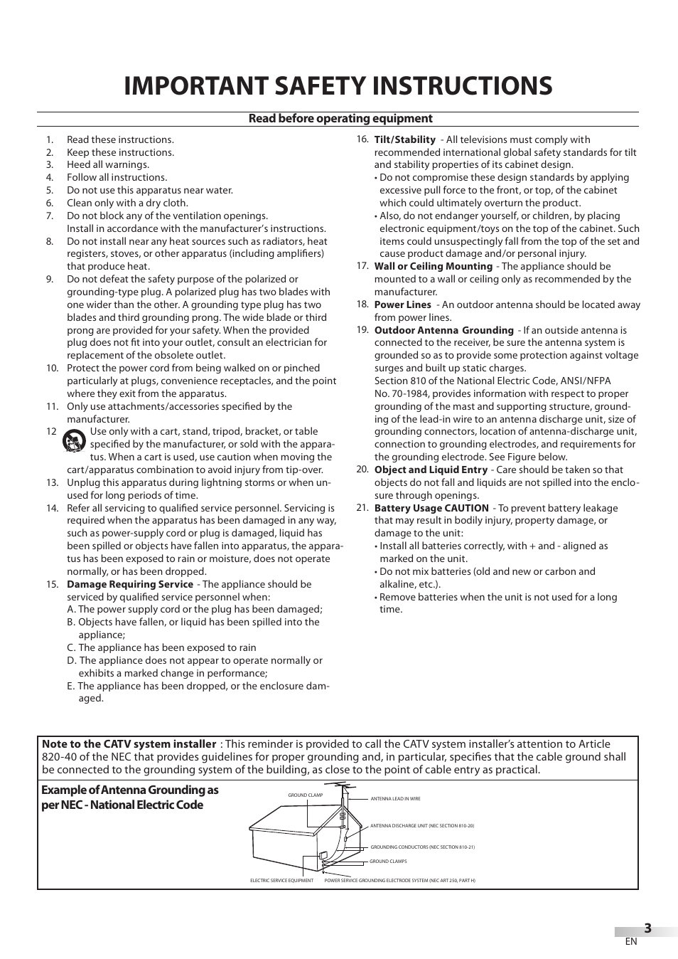 Important safety instructions | Philips Magnavox 32MD350B User Manual | Page 3 / 57