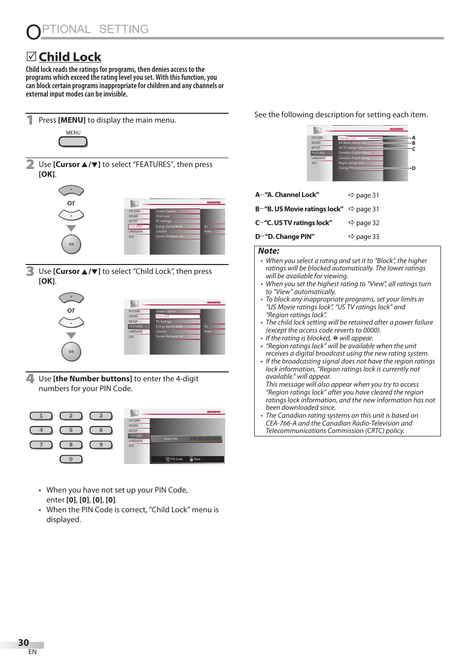 Child lock, Ptional setting, 5child5lock | Philips Magnavox 32MD350B User Manual | Page 30 / 57