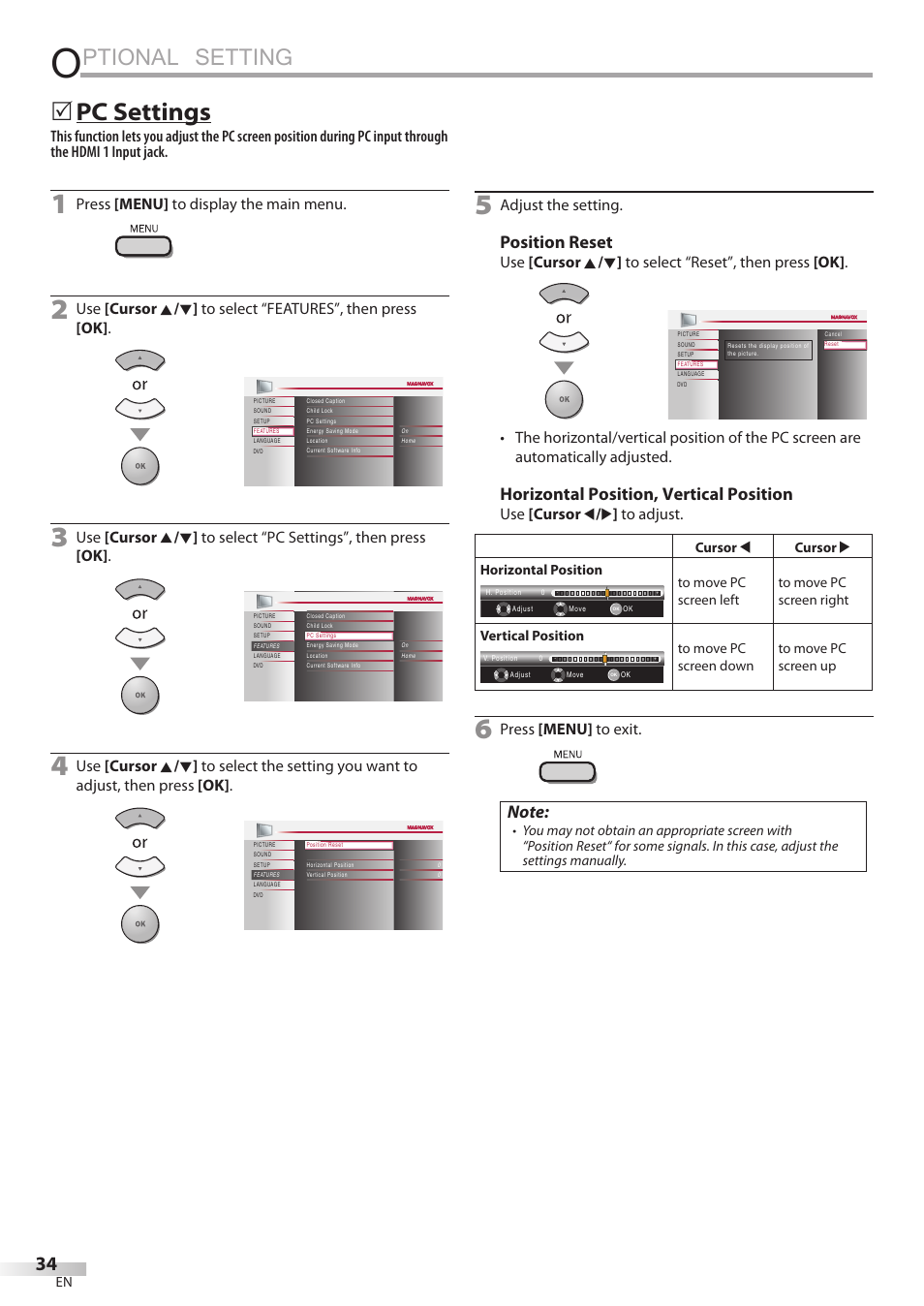 Pc settings, Ptional setting, 5pc5settings | Position reset, Horizontal position, vertical position | Philips Magnavox 32MD350B User Manual | Page 34 / 57