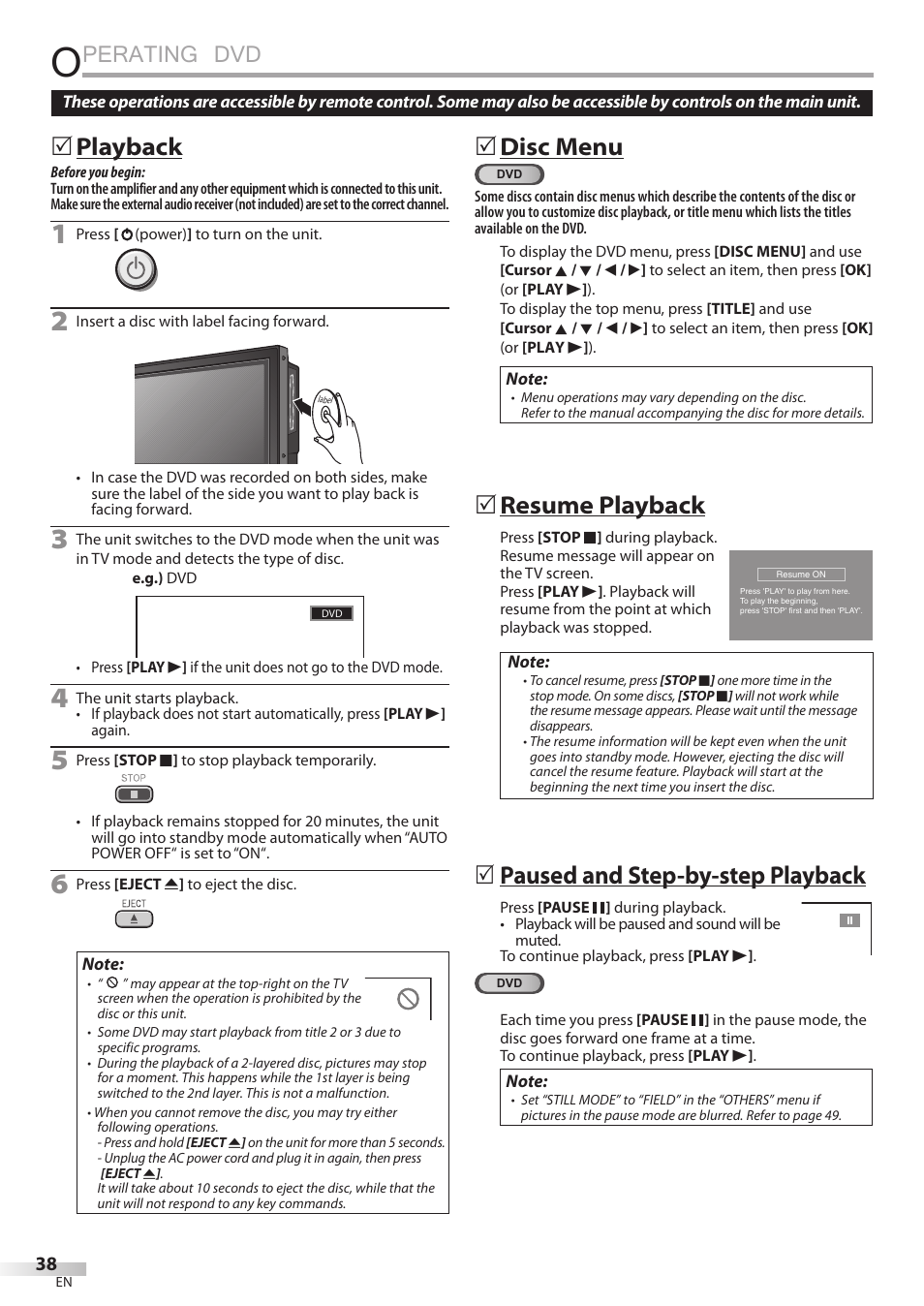 Playback, Disc menu, Resume playback | Paused and step-by-step playback, Perating dvd, 5playback, 5disc5menu, 5resume5playback, 5paused5and5step-by-step5playback | Philips Magnavox 32MD350B User Manual | Page 38 / 57