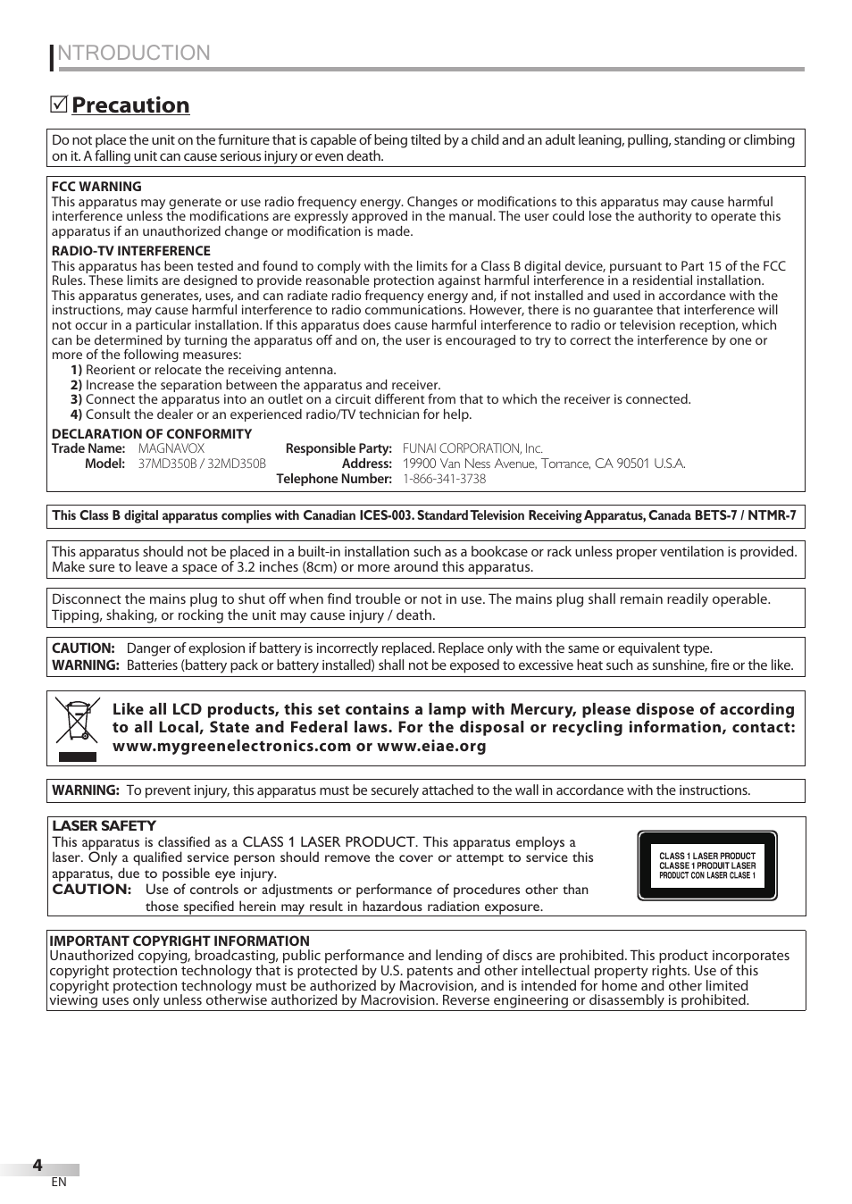 Introduction, Precaution, Ntroduction | 5precaution | Philips Magnavox 32MD350B User Manual | Page 4 / 57