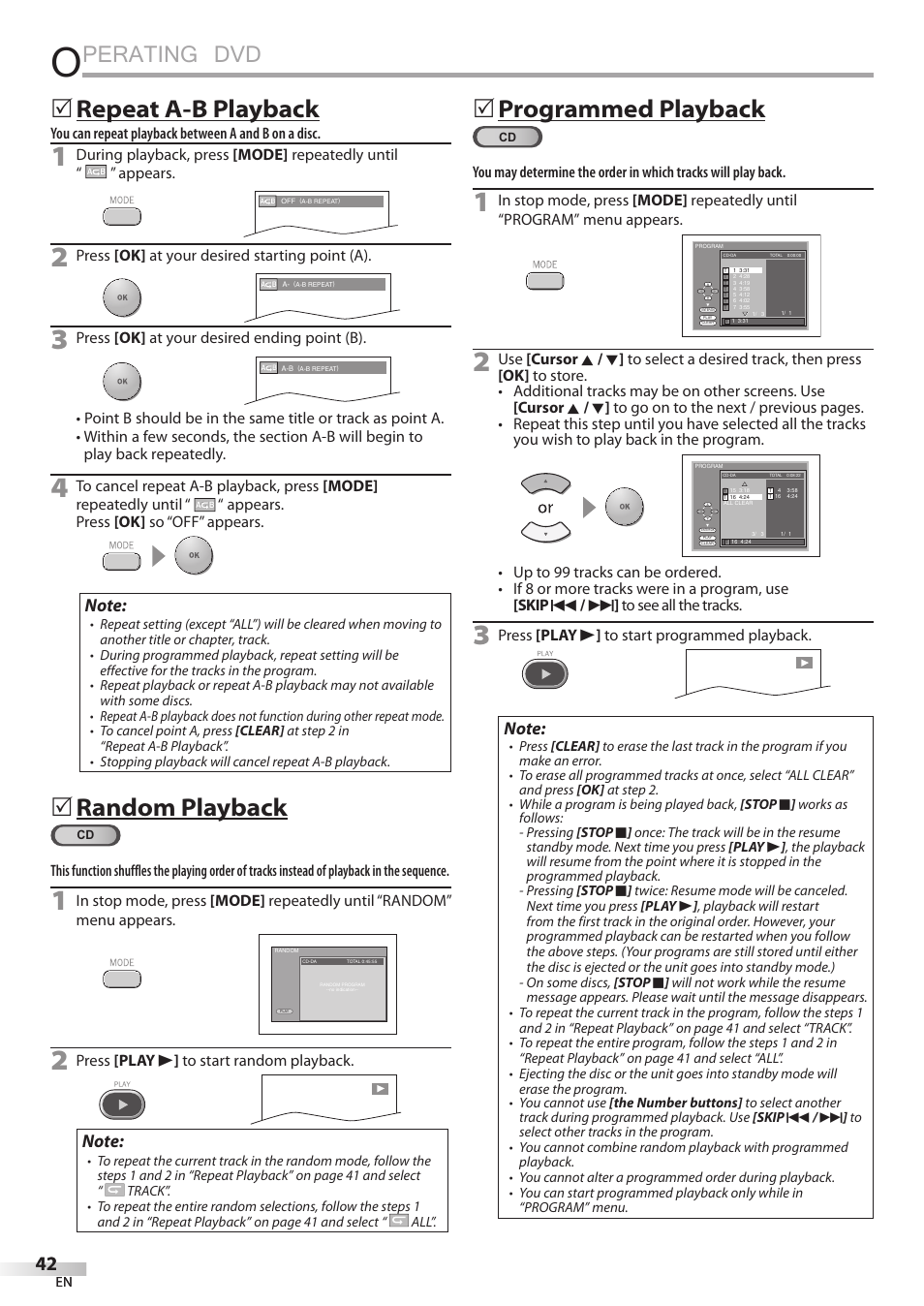 Repeat a-b playback, Random playback, Programmed playback | Perating dvd, 5repeat5a-b5playback, 5random5playback, 5programmed5playback | Philips Magnavox 32MD350B User Manual | Page 42 / 57