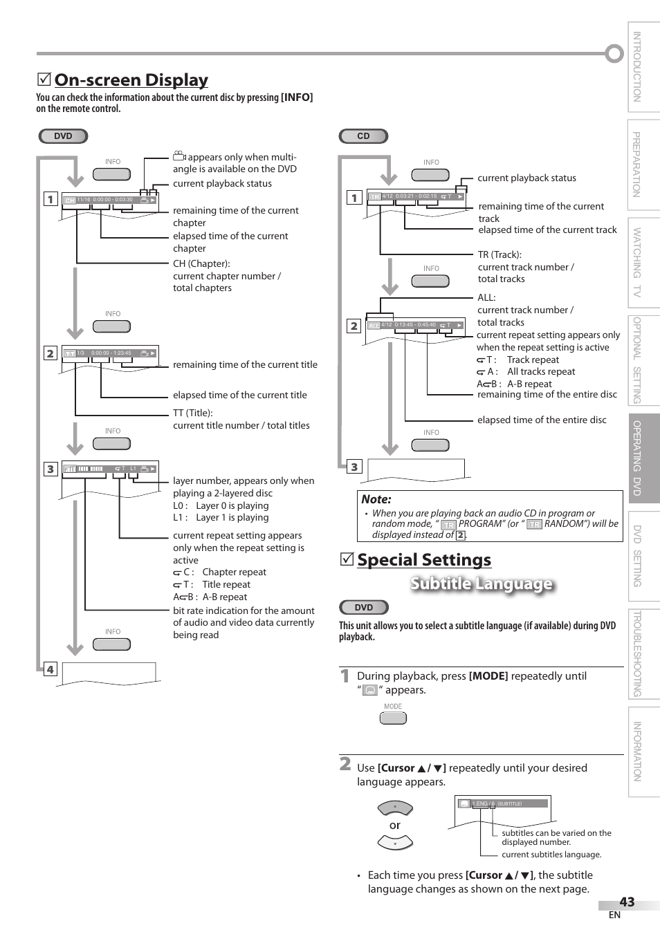 On-screen display, Special settings, 5on-screen5display | 5special5settings subtitle language | Philips Magnavox 32MD350B User Manual | Page 43 / 57
