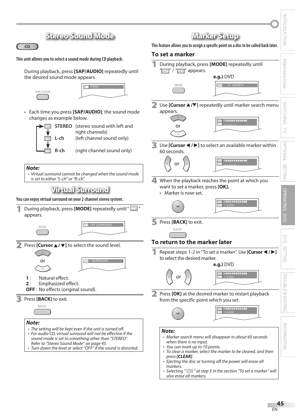 Stereo sound mode, Virtual surround, Marker setup | Philips Magnavox 32MD350B User Manual | Page 45 / 57