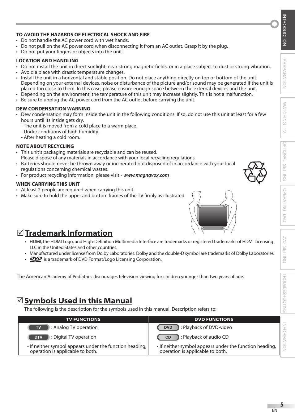 Trademark information, Symbols used in this manual, 5trademark5information | Philips Magnavox 32MD350B User Manual | Page 5 / 57