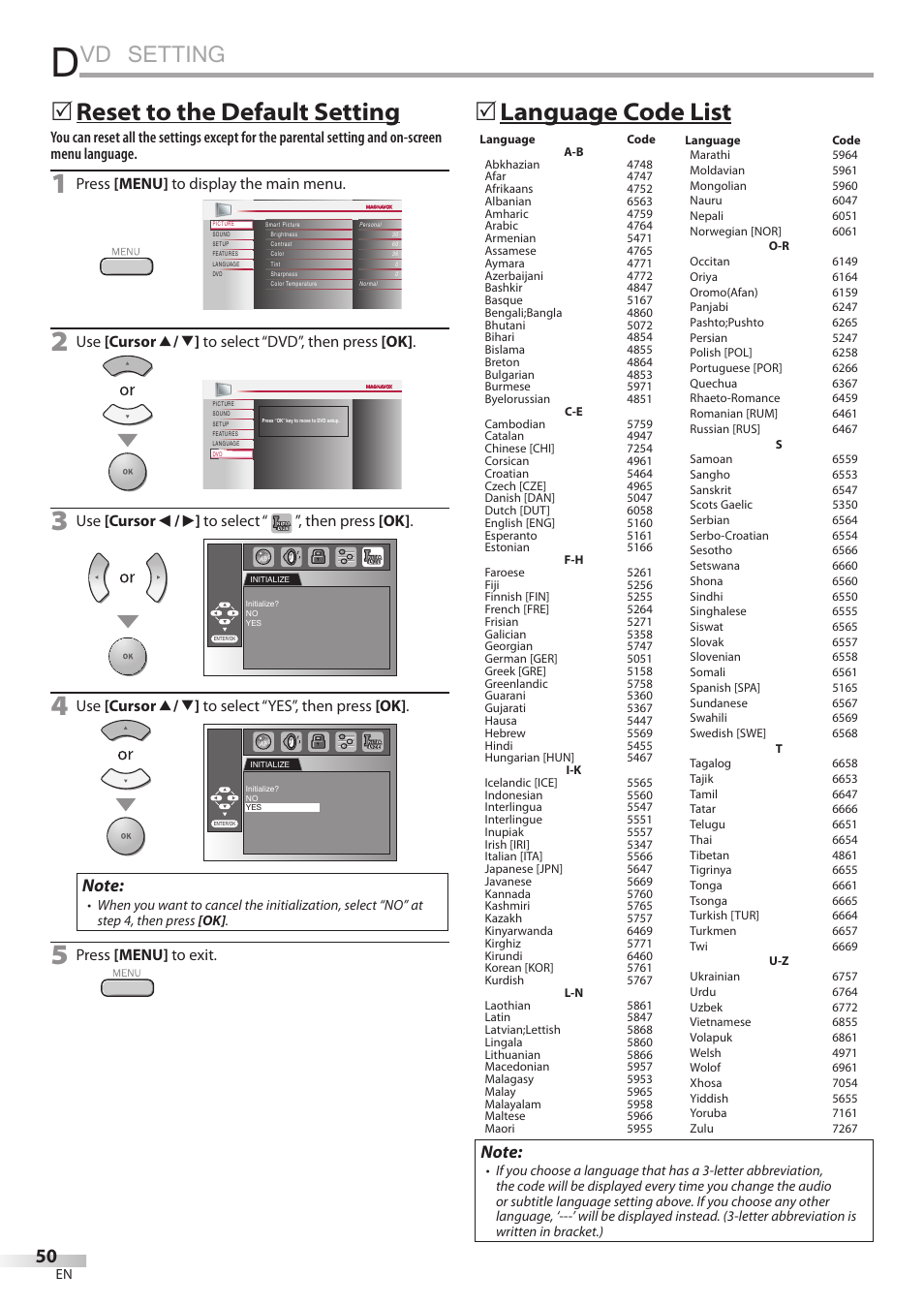 Reset to the default setting, Language code list, Vd setting | 5language5code5list | Philips Magnavox 32MD350B User Manual | Page 50 / 57