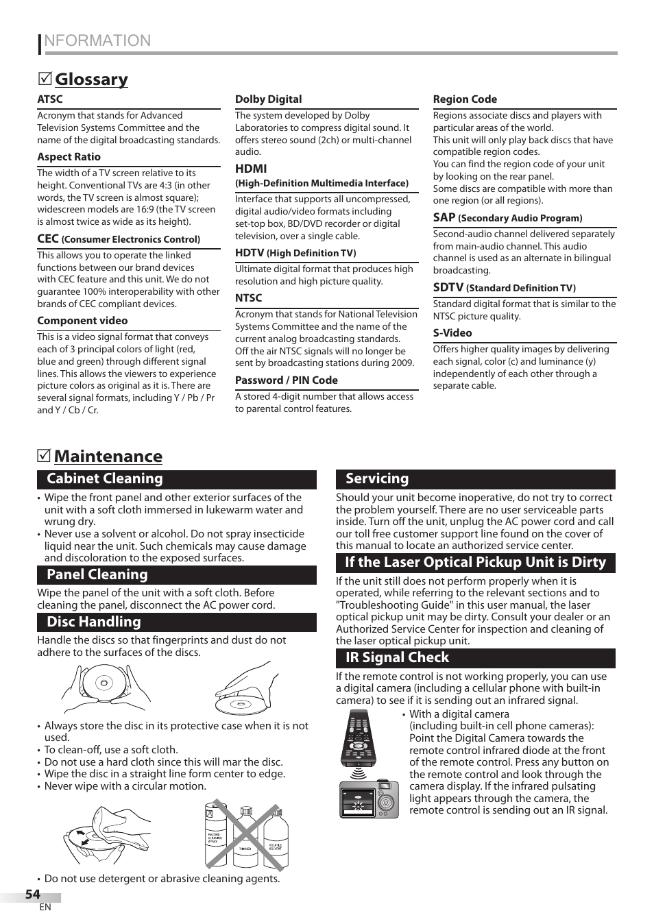 Information, Glossary, Maintenance | Nformation, 5glossary 5 5 maintenance, Cabinet cleaning, Panel cleaning, Disc handling, Servicing, If the laser optical pickup unit is dirty | Philips Magnavox 32MD350B User Manual | Page 54 / 57