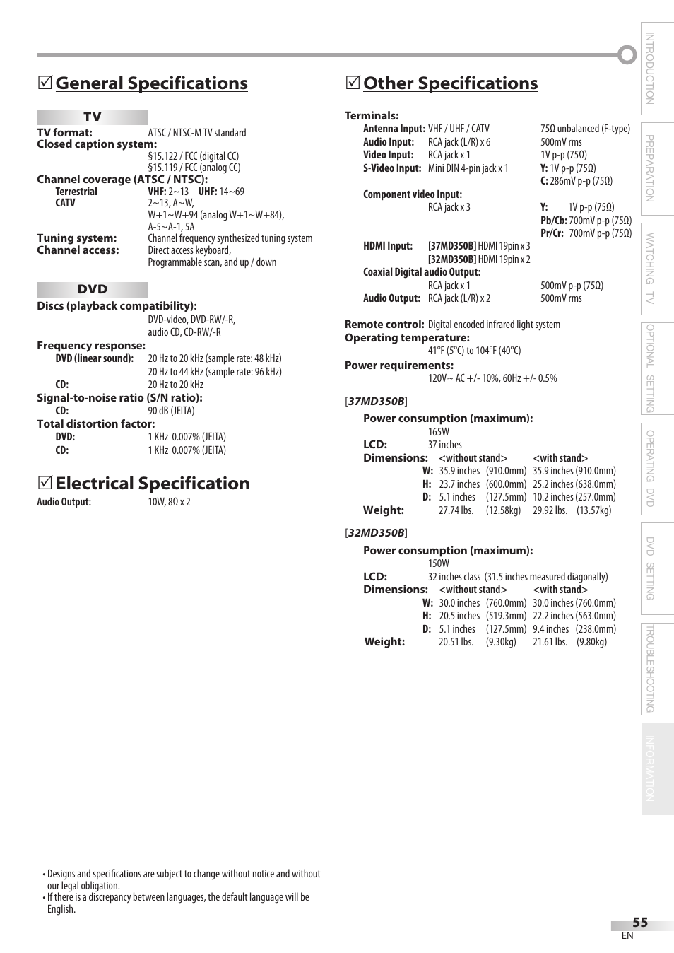 General specifications, Electrical specification, Other specifications | 5general5specifications, 5electrical5specification, 5other5specifications | Philips Magnavox 32MD350B User Manual | Page 55 / 57