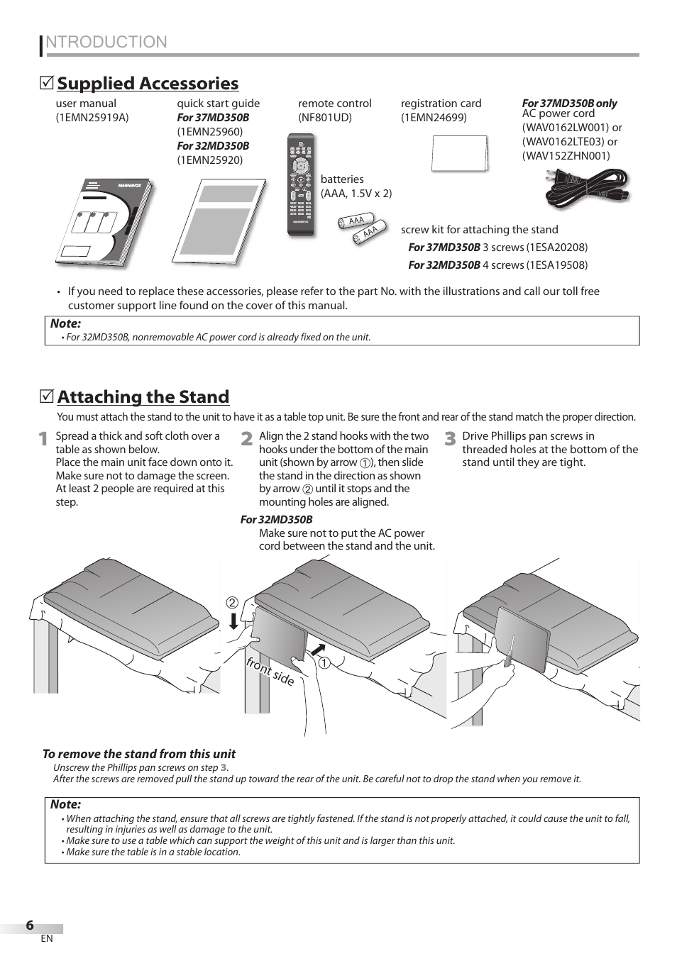 Supplied accessories, Attaching the stand, Ntroduction | 5attaching5the5stand, 5supplied5accessories | Philips Magnavox 32MD350B User Manual | Page 6 / 57