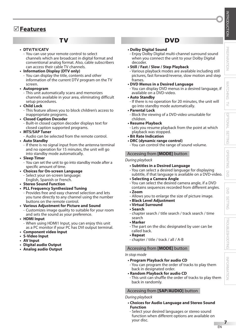 Features, 5features tv dvd | Philips Magnavox 32MD350B User Manual | Page 7 / 57