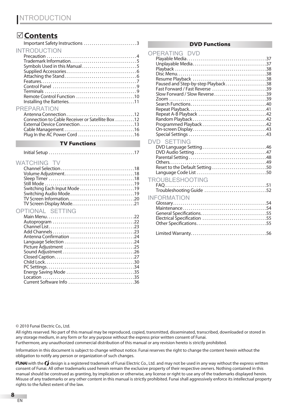 Ntroduction, Introduction, Preparation | Watching tv, Optional setting, Operating dvd, Dvd setting, Troubleshooting, Information, 5contents | Philips Magnavox 32MD350B User Manual | Page 8 / 57