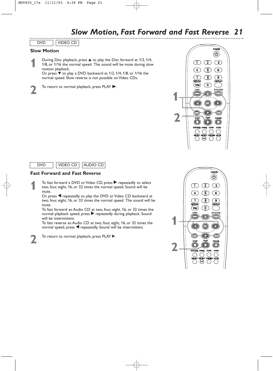 Slow motion, fast forward and fast reverse 21 | Philips Magnavox MDV455 User Manual | Page 21 / 47