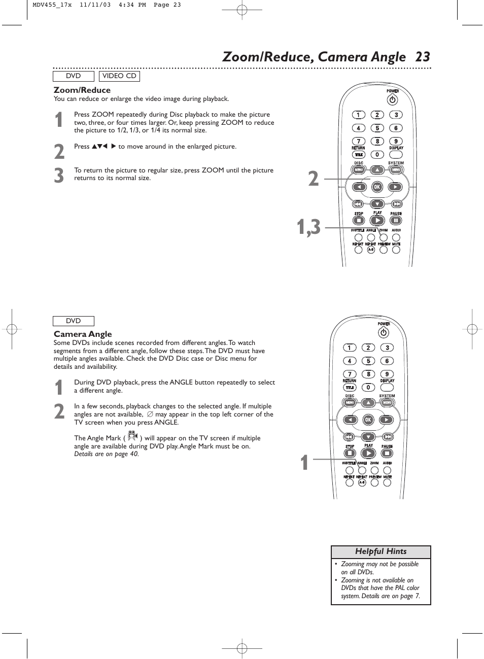 Zoom/reduce, camera angle 23 | Philips Magnavox MDV455 User Manual | Page 23 / 47