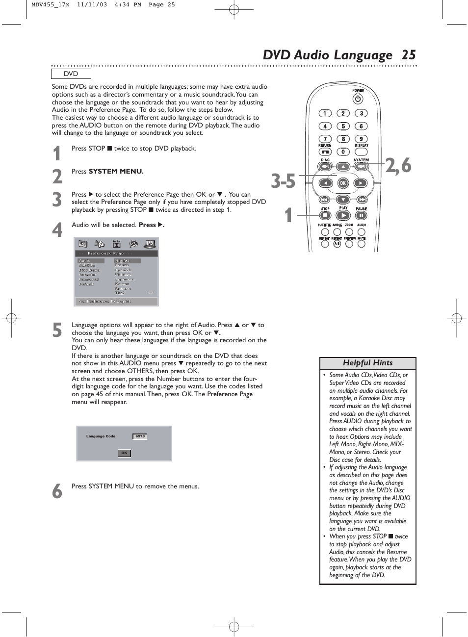 Dvd audio language 25, Helpful hints | Philips Magnavox MDV455 User Manual | Page 25 / 47