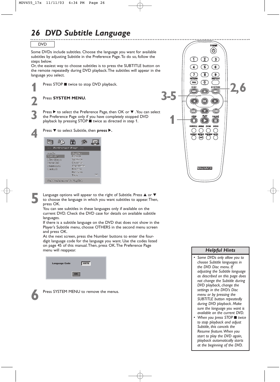 26 dvd subtitle language | Philips Magnavox MDV455 User Manual | Page 26 / 47