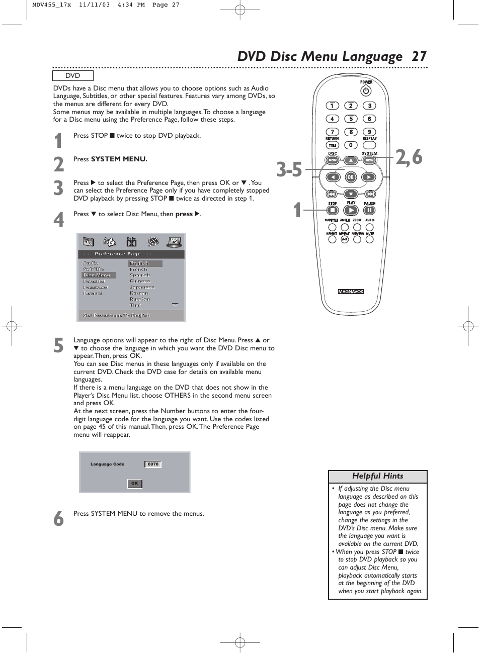 Dvd disc menu language 27 | Philips Magnavox MDV455 User Manual | Page 27 / 47