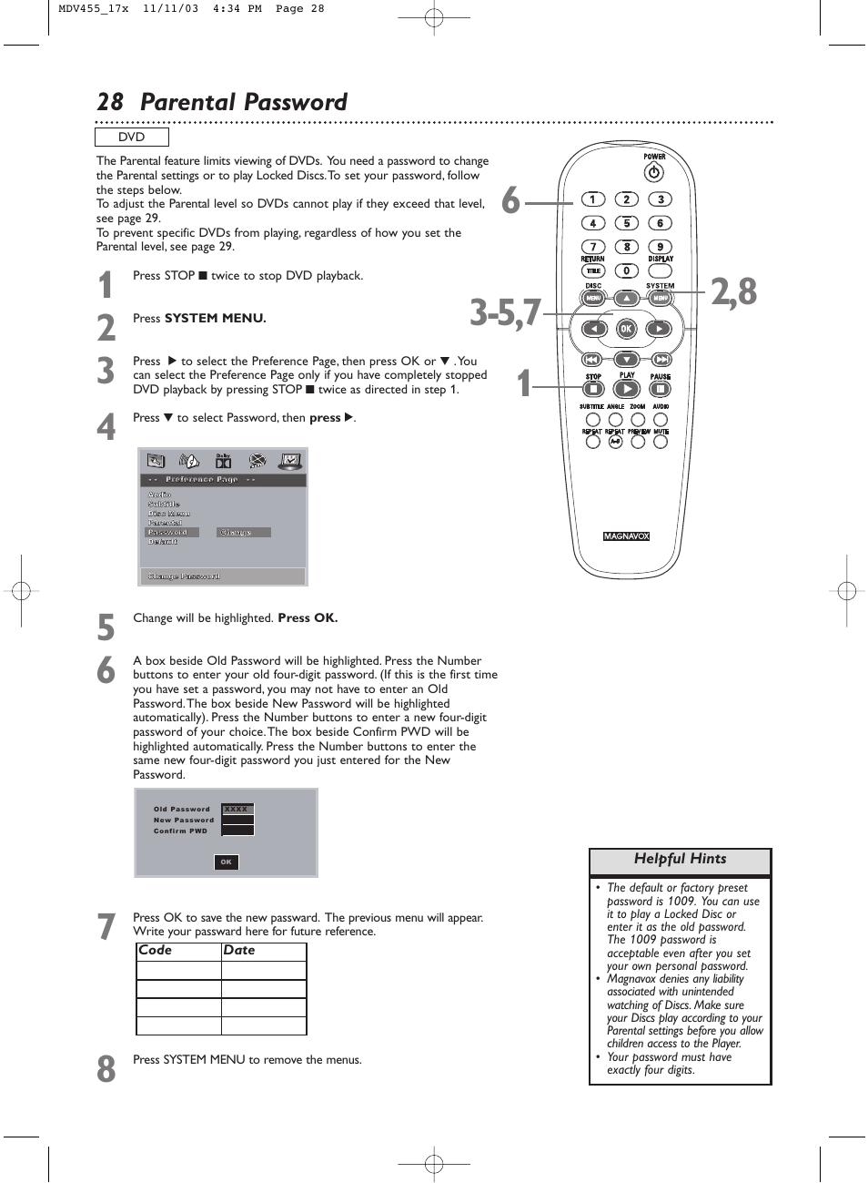 28 parental password | Philips Magnavox MDV455 User Manual | Page 28 / 47