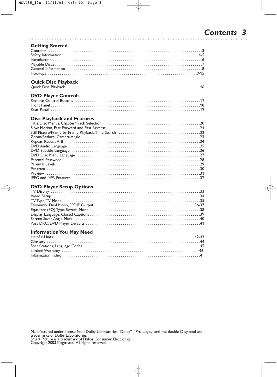 Contents 3 | Philips Magnavox MDV455 User Manual | Page 3 / 47
