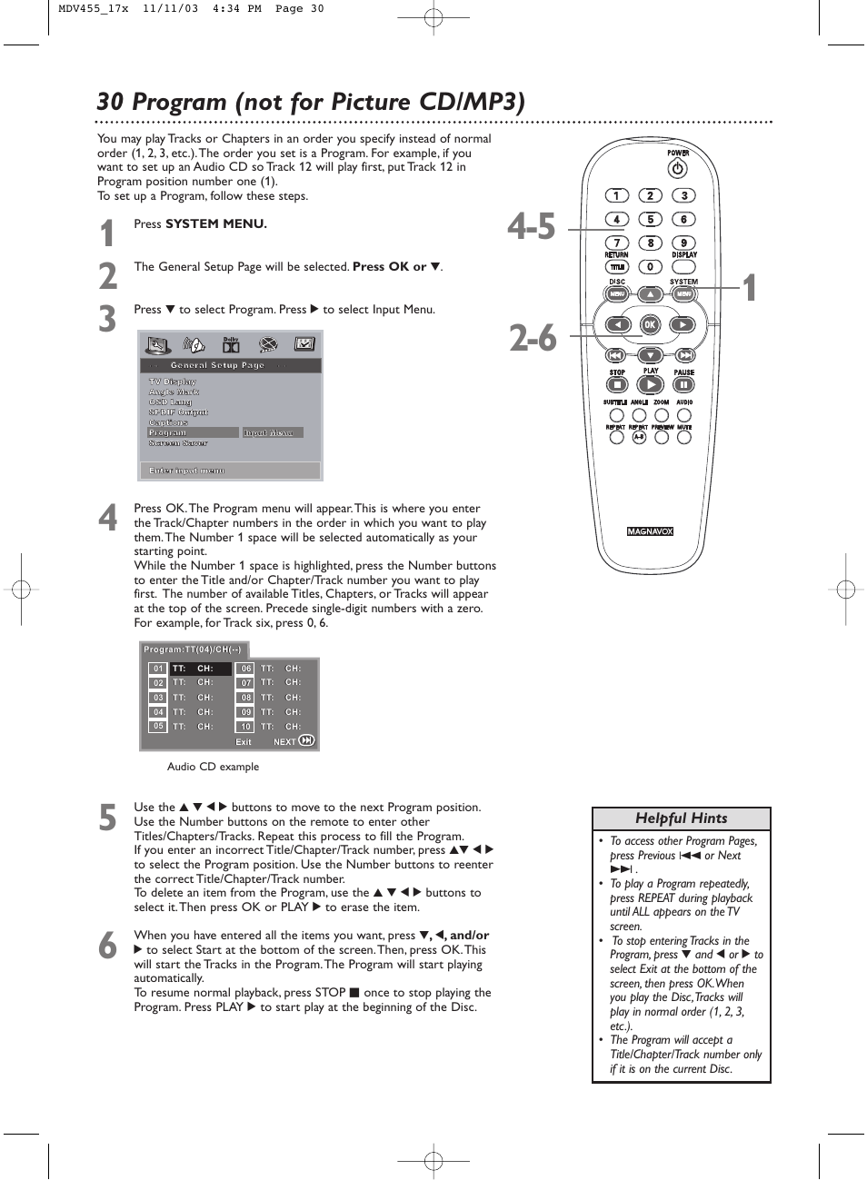 30 program (not for picture cd/mp3), Helpful hints | Philips Magnavox MDV455 User Manual | Page 30 / 47