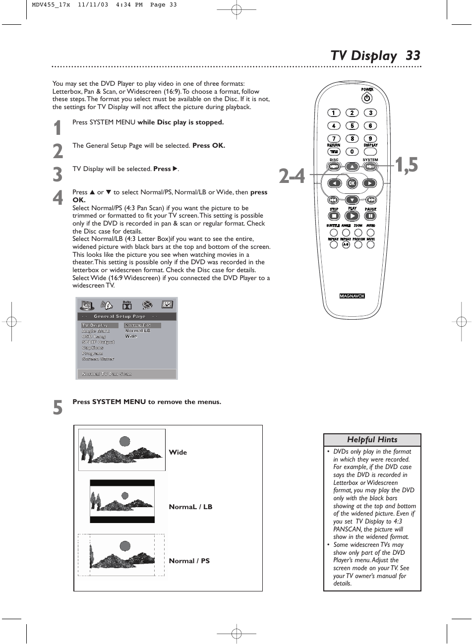 Tv display 33 | Philips Magnavox MDV455 User Manual | Page 33 / 47