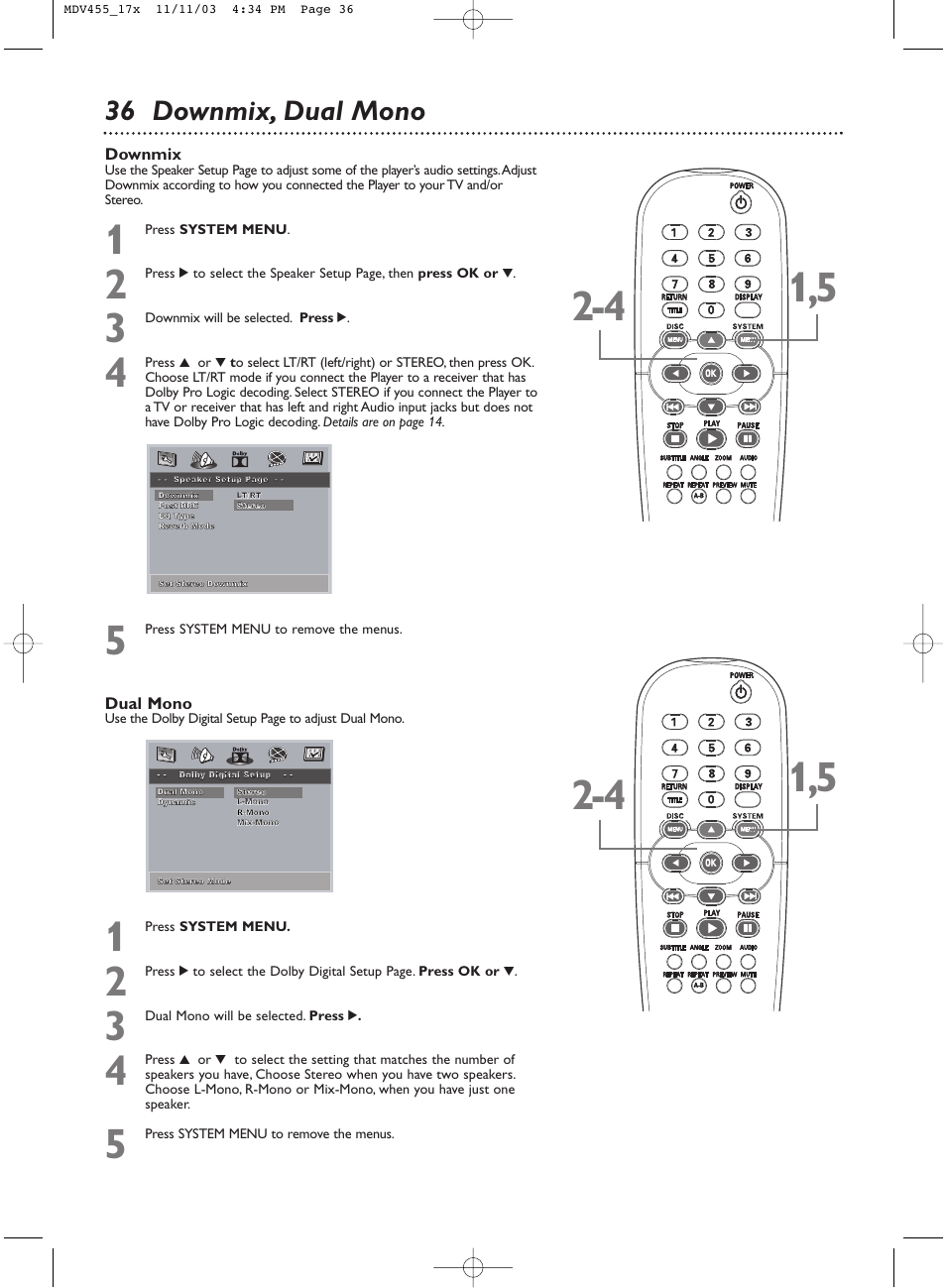 36 downmix, dual mono | Philips Magnavox MDV455 User Manual | Page 36 / 47