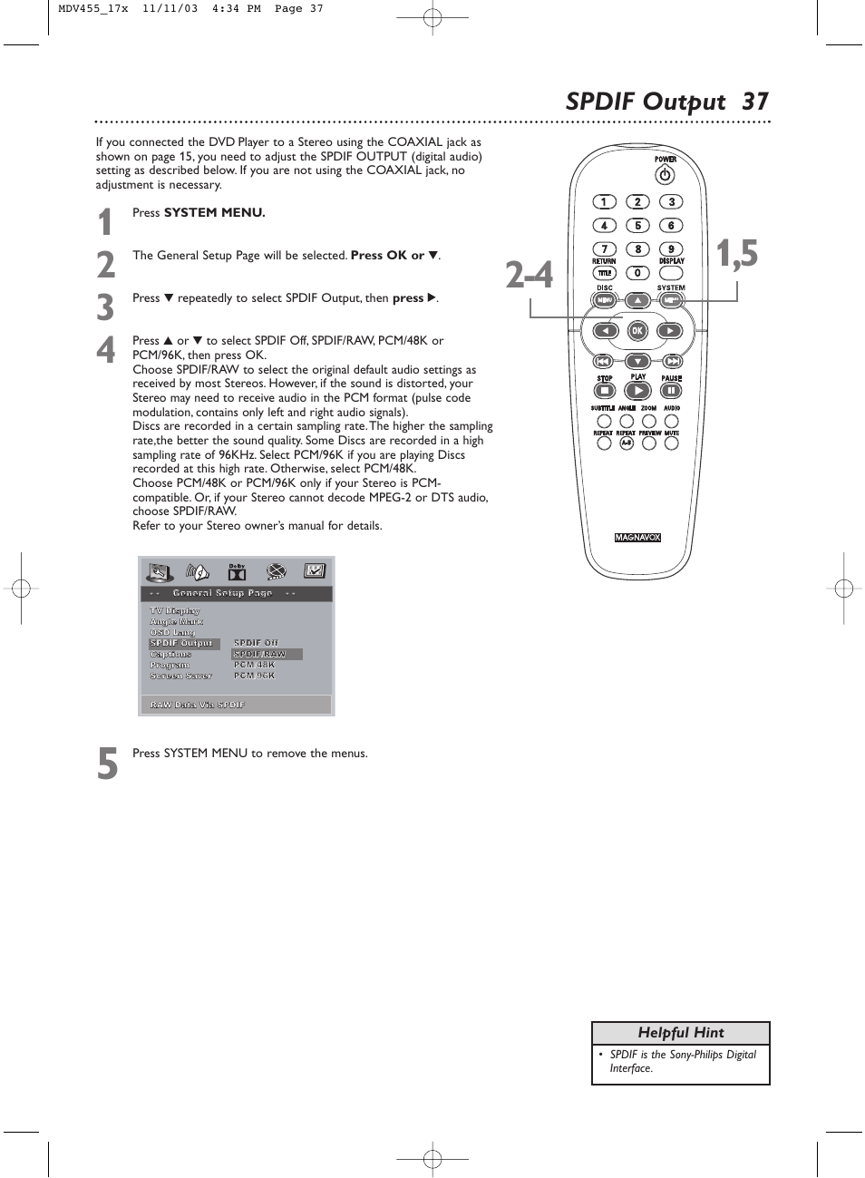 Spdif output 37 | Philips Magnavox MDV455 User Manual | Page 37 / 47