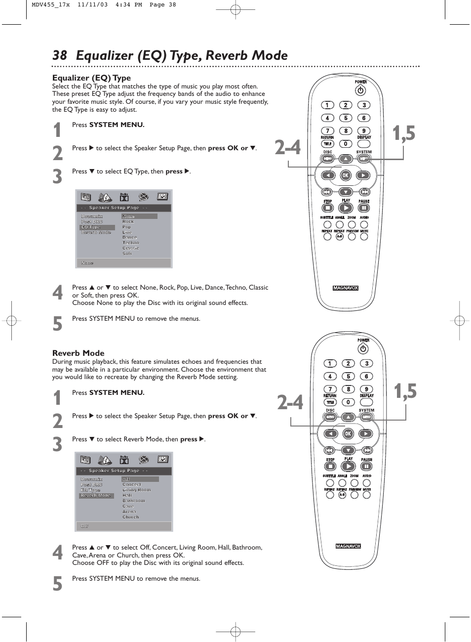 38 equalizer (eq) type, reverb mode, Equalizer (eq) type, Reverb mode | Philips Magnavox MDV455 User Manual | Page 38 / 47